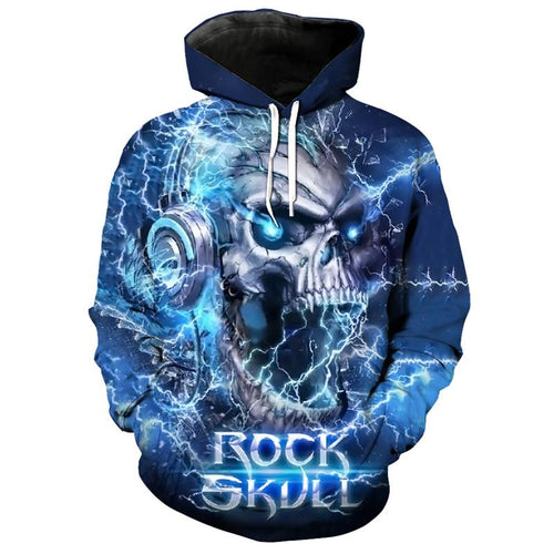 3D Blue Lightning DJ skull Printed Fashion Hoodie Sweatshirt Cool Pullover EUR SIZE