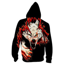 Load image into Gallery viewer, 3D Red flame roaring wolf print cool Zipper Hoodie