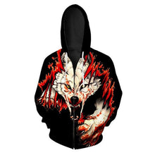 Load image into Gallery viewer, 3D Red flame roaring wolf print cool Zipper Hoodie