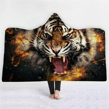 Load image into Gallery viewer, 3D Fashion Tiger lion print hooded cape robe plus velvet thick warm sleeping blanket