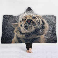 Load image into Gallery viewer, 3D Fashion Tiger lion print hooded cape robe plus velvet thick warm sleeping blanket